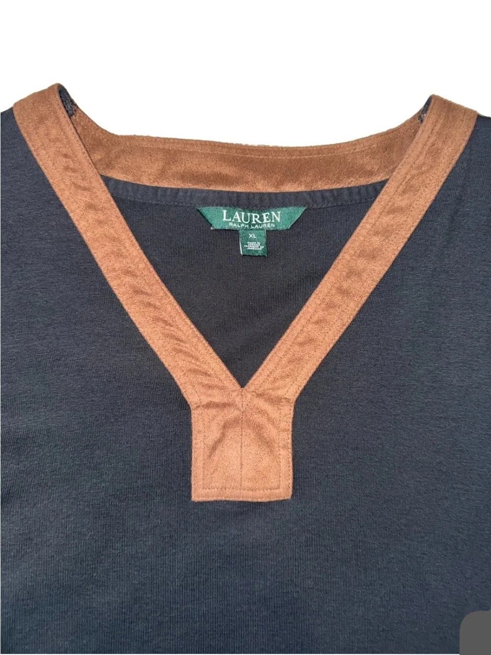 Ralph Lauren Black Long-Sleeve Tee with Brown V-Neck Trim